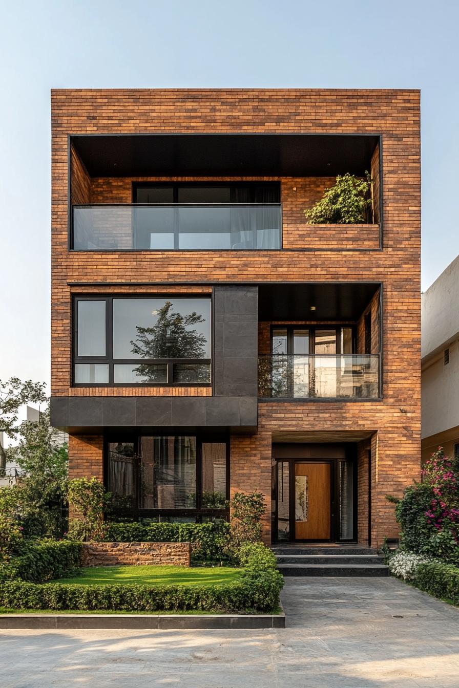 Modern brick house with large windows and greenery