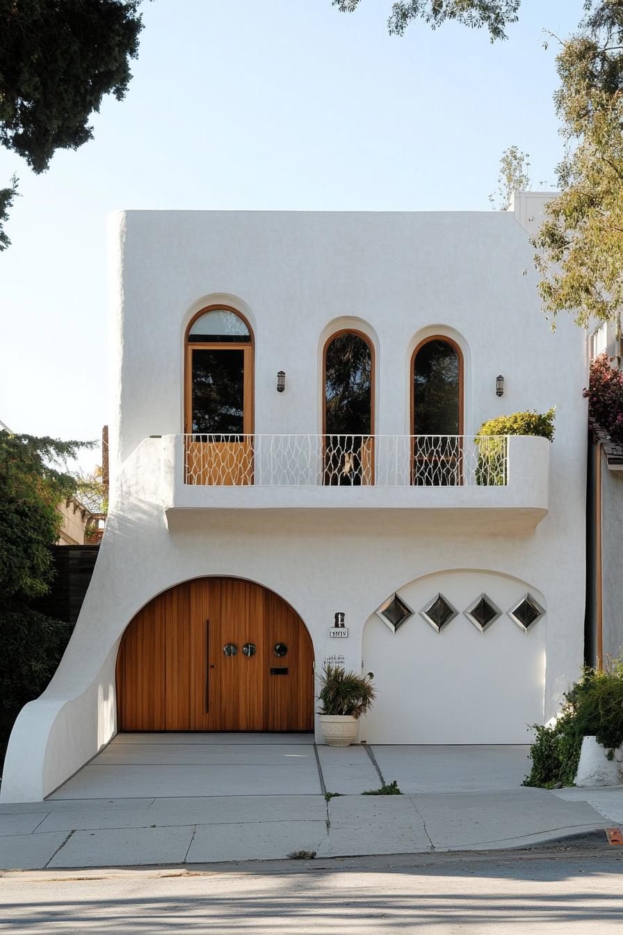 minimalist small white concrete house facade with a row of narrow arches covering balcony and windows under the balcony there is a column of small 1