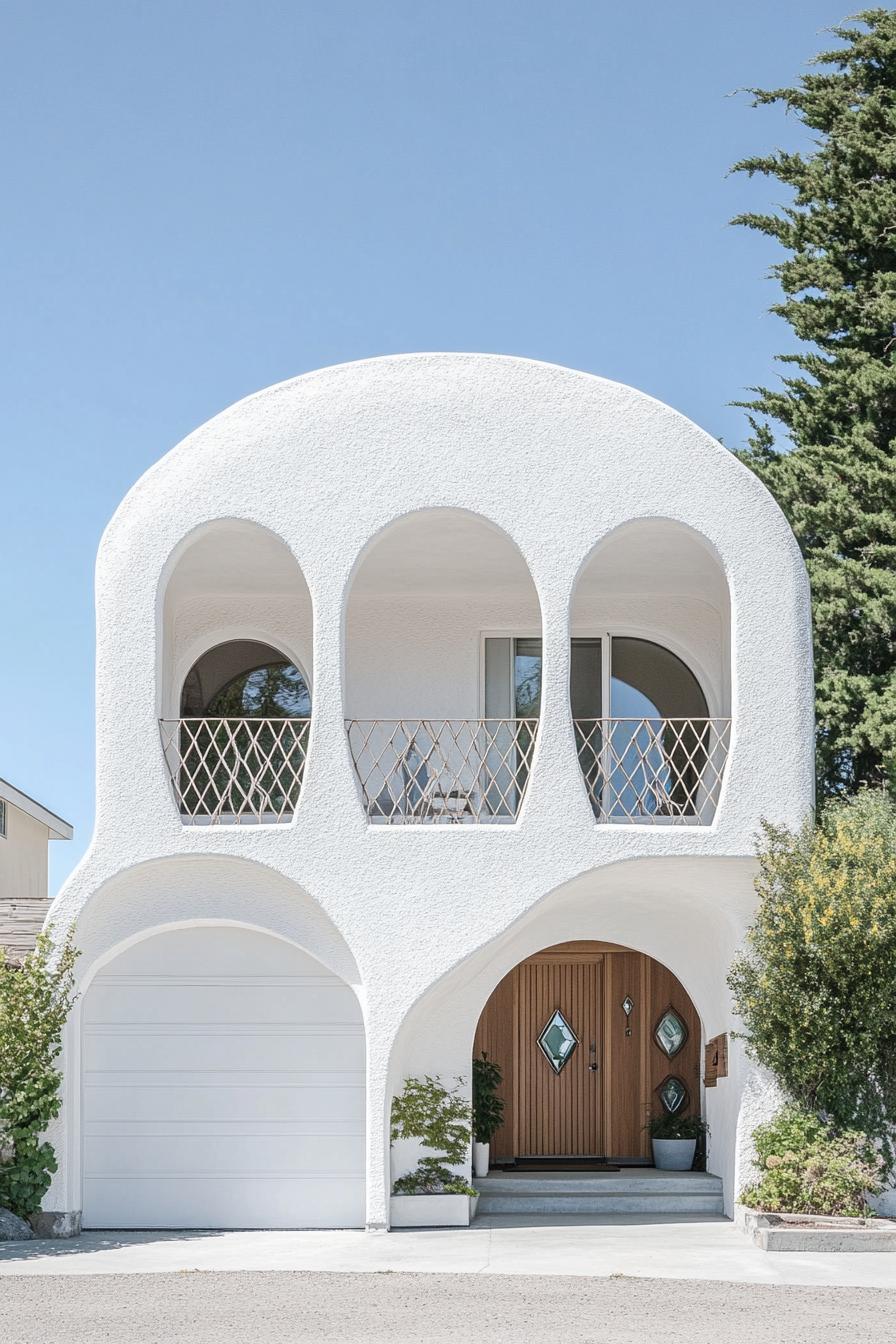 minimalist small white concrete house facade with a row of narrow arches covering balcony and windows under the balcony there is a column of small 2