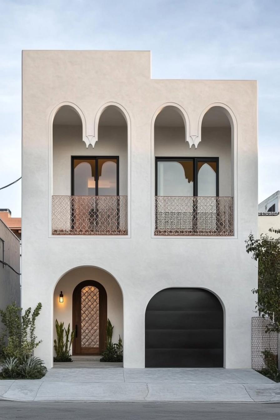 minimalist small white concrete house facade with a row of narrow arches covering balcony and windows under the balcony there is a column of small 3