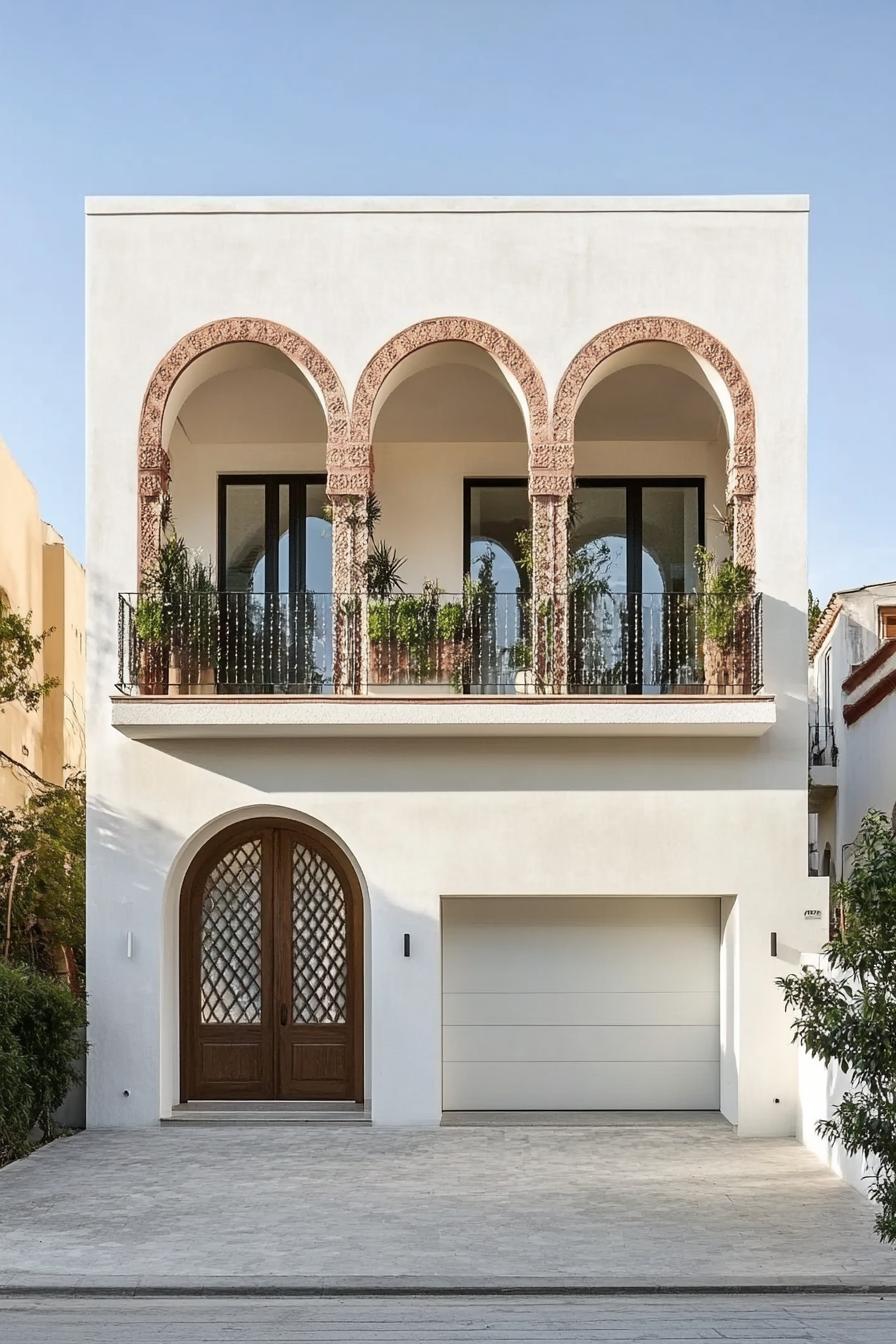 minimalist small white concrete house facade with a row of narrow arches covering balcony and windows under the balcony there is a column of small 4