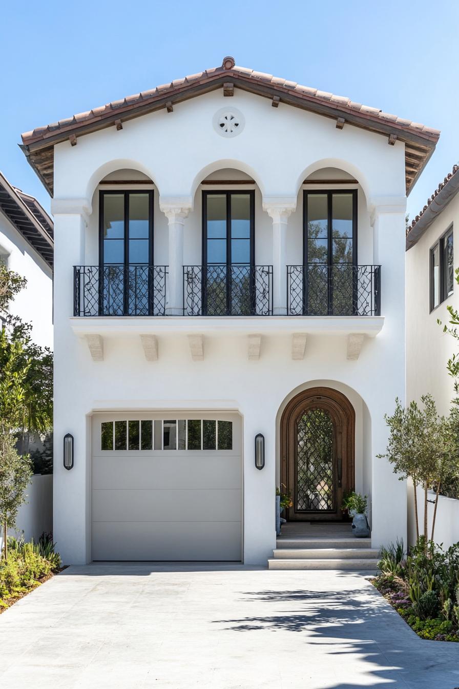 minimalist small white concrete house facade with a row of narrow arches covering balcony and windows under the balcony there is a column of small