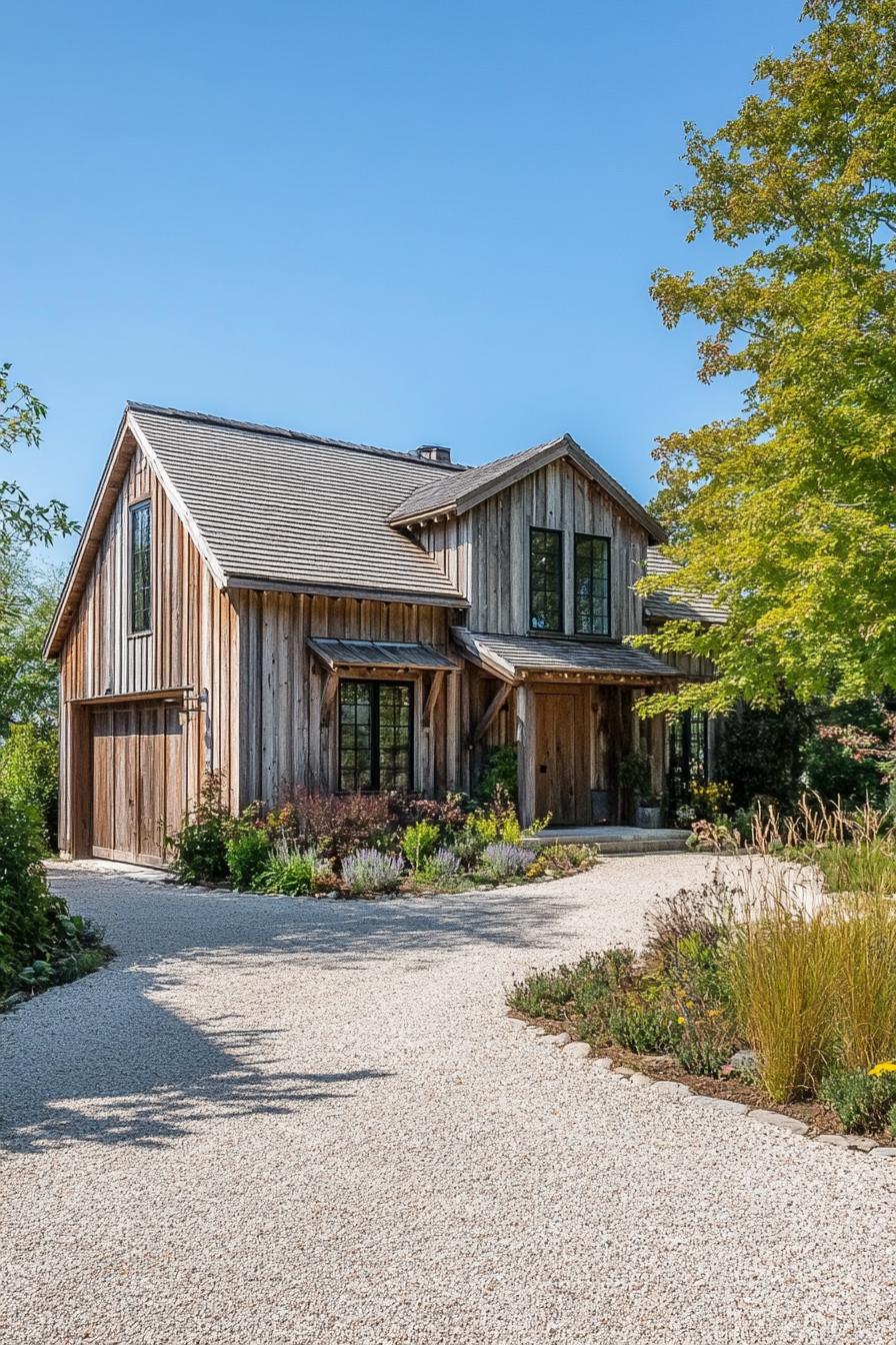 moder barn style countryside house with reclaimed wood siding gravel driveway 1