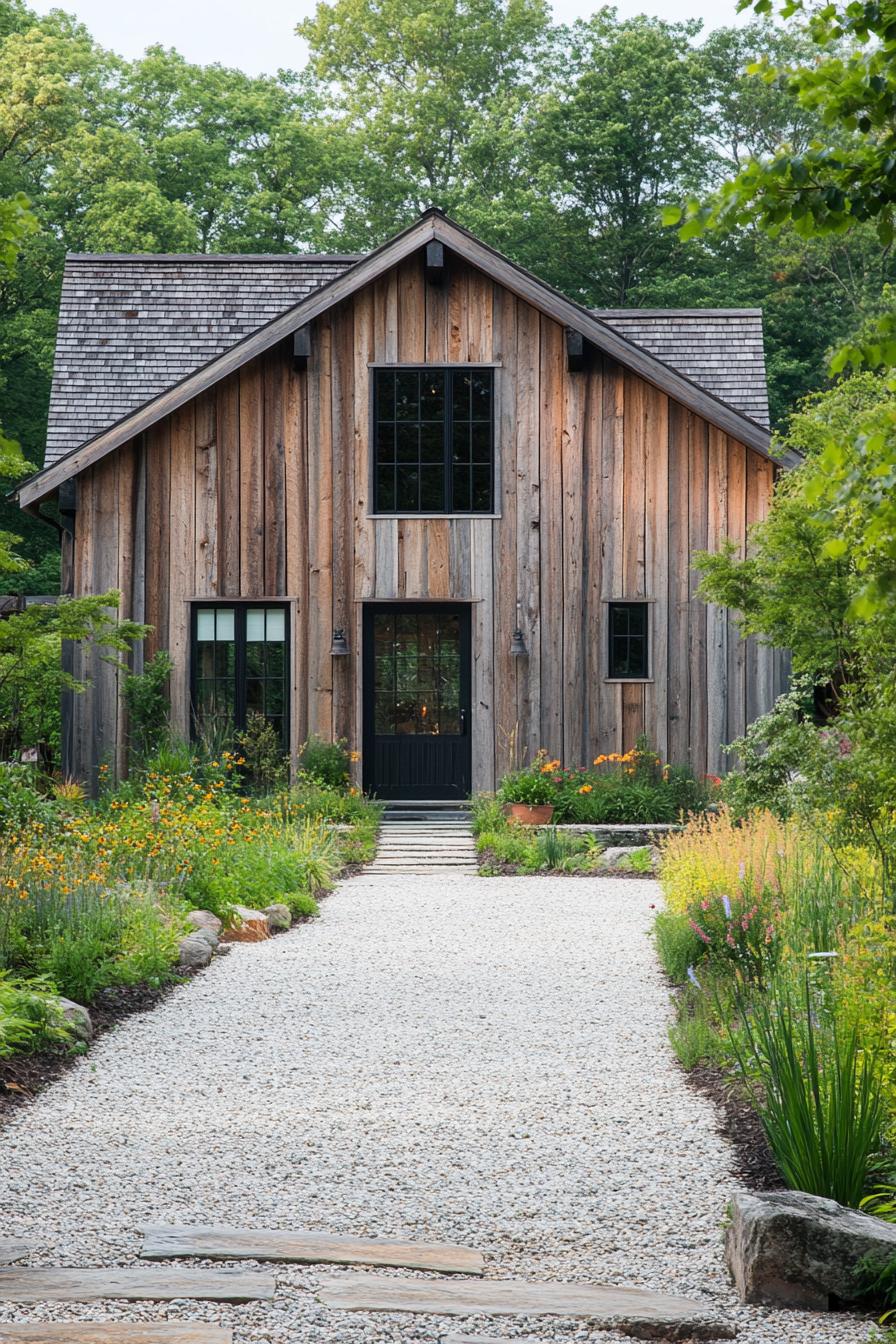 moder barn style countryside house with reclaimed wood siding gravel driveway 2