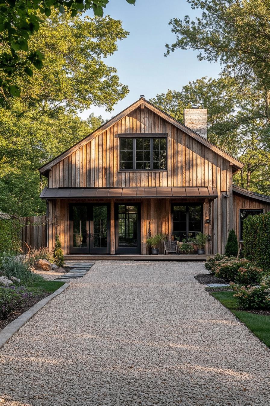 moder barn style countryside house with reclaimed wood siding gravel driveway