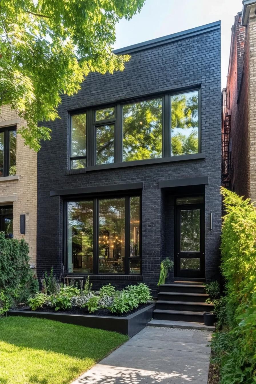 modern black brick townhouse with large modern windows with black trim lush front yard 1