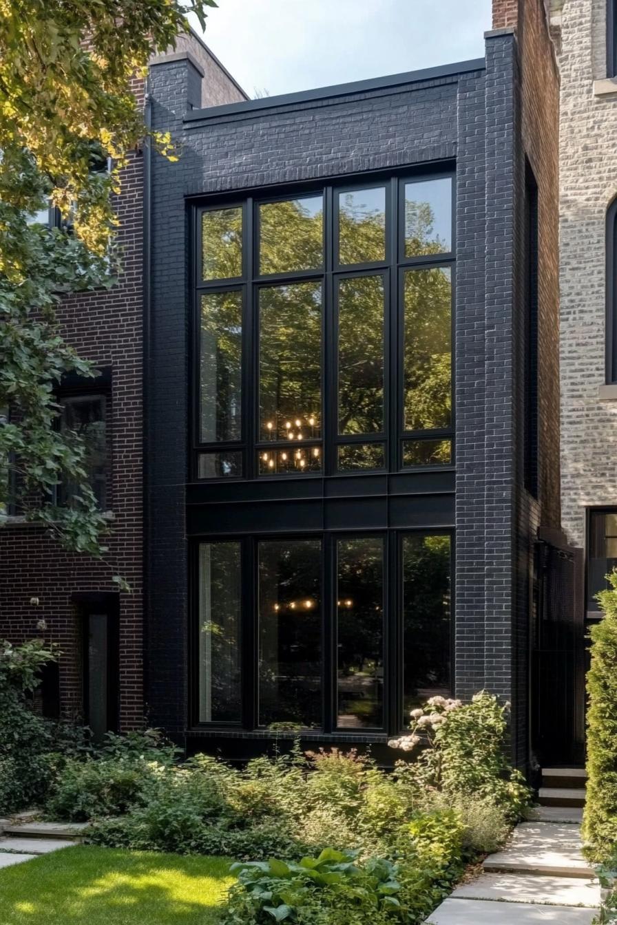 modern black brick townhouse with large modern windows with black trim lush front yard 2