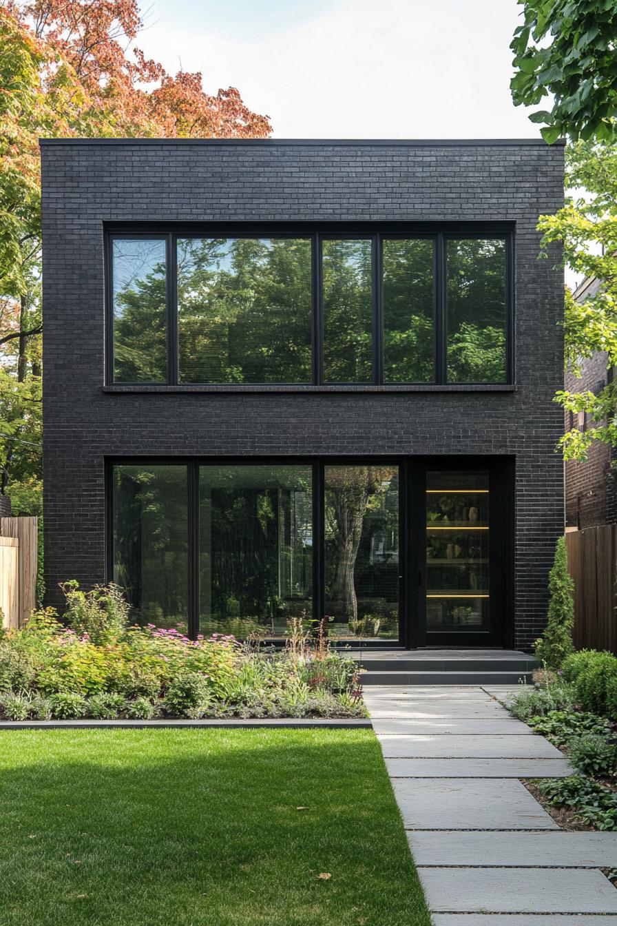 modern black brick townhouse with large modern windows with black trim lush front yard 3