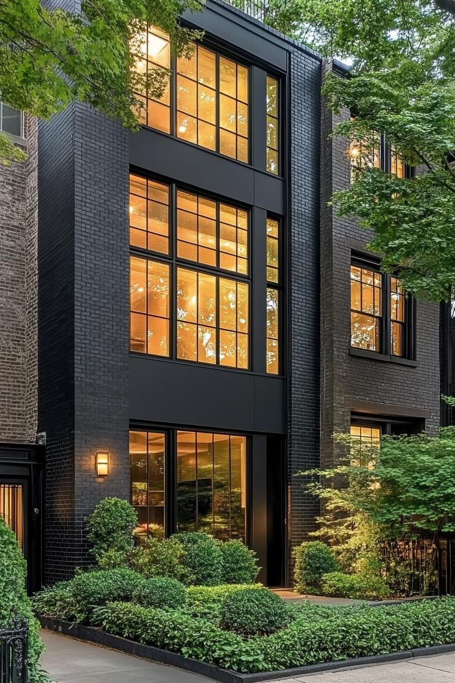 modern black brick townhouse with large modern windows with black trim lush front yard