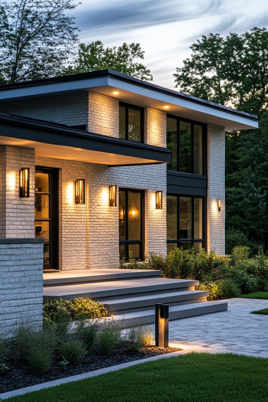 modern cottage with white brick siding stone grey multi pitched roof modern windows with black grim front porch with round columns and steps wall 1