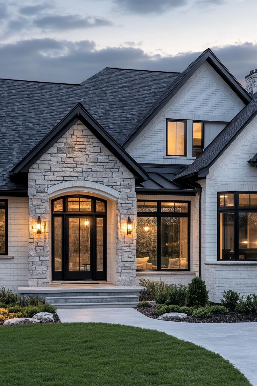 modern cottage with white brick siding stone grey multi pitched roof modern windows with black grim front porch with round columns and steps wall 2