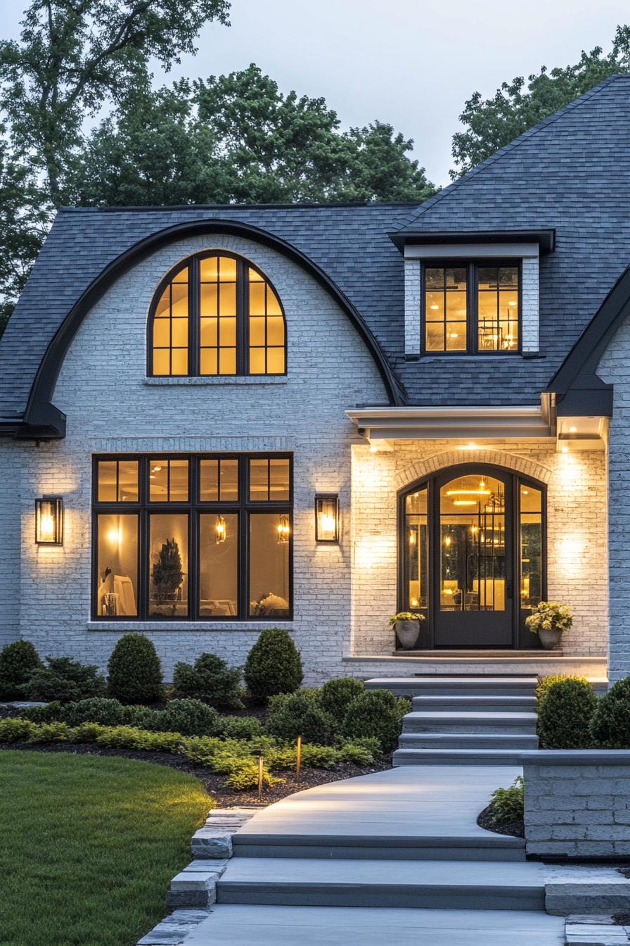 modern cottage with white brick siding stone grey multi pitched roof modern windows with black grim front porch with round columns and steps wall