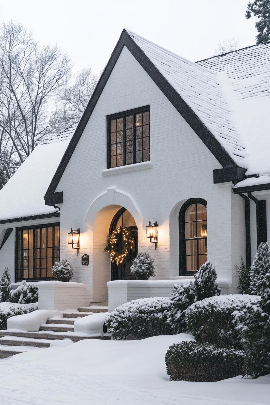 modern cottage with white siding and dark grey tudor style detailing arched porch and entry door with a wreath large windows in white trim snow on 1