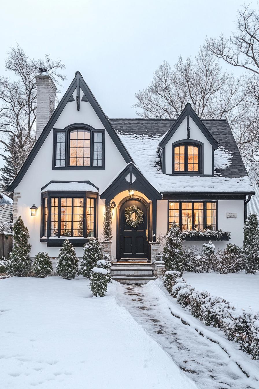 modern cottage with white siding and dark grey tudor style detailing arched porch and entry door with a wreath large windows in white trim snow on 2