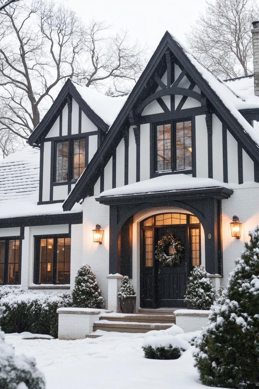 modern cottage with white siding and dark grey tudor style detailing arched porch and entry door with a wreath large windows in white trim snow on 3