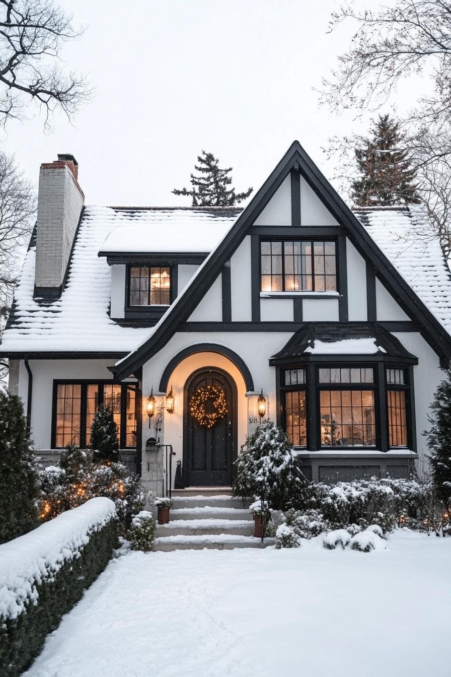 modern cottage with white siding and dark grey tudor style detailing arched porch and entry door with a wreath large windows in white trim snow on