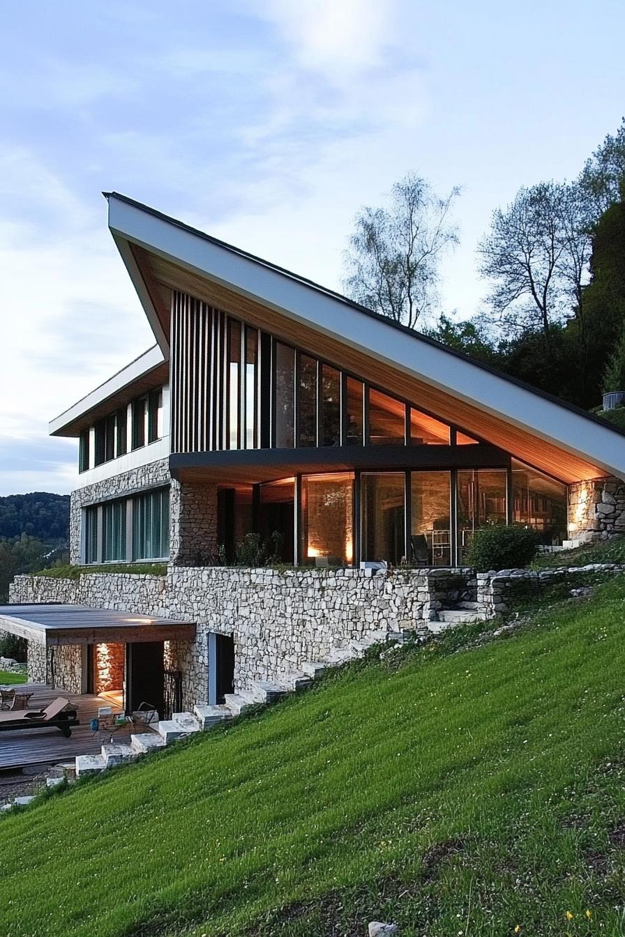 modern house built onto a hillside bank cascading facade on slopes reinforced with stone fencing terrace at the bottom access to the house on top 1