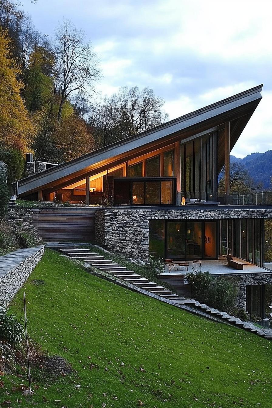 modern house built onto a hillside bank cascading facade on slopes reinforced with stone fencing terrace at the bottom access to the house on top 2