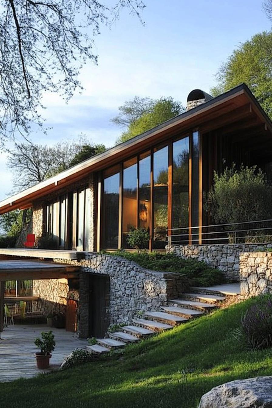 modern house built onto a hillside bank cascading facade on slopes reinforced with stone fencing terrace at the bottom access to the house on top