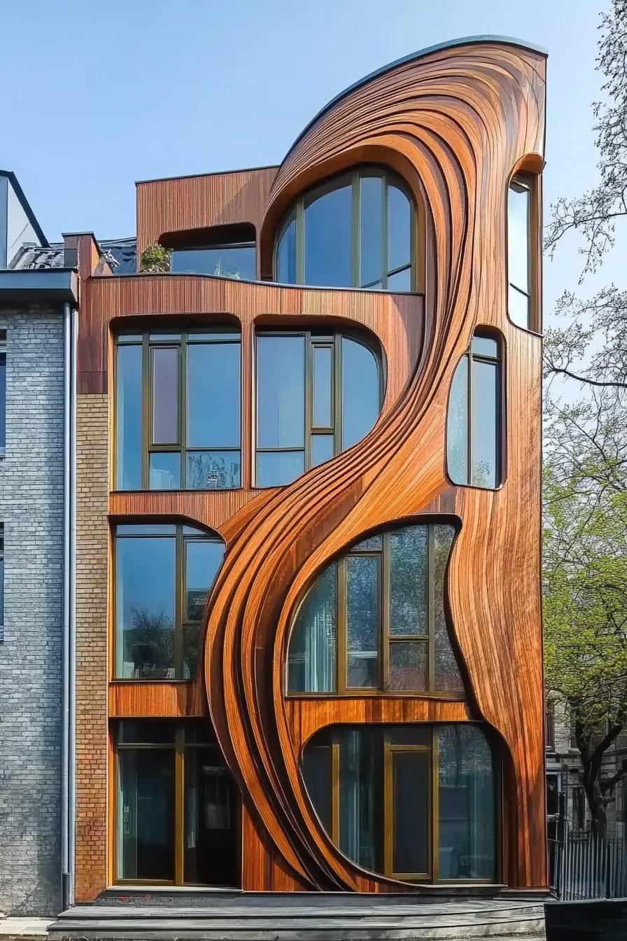 Wooden facade with flowing, wavy design