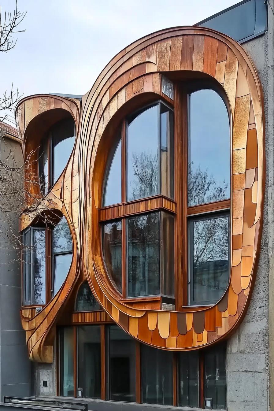 Curved wooden facade with intricate designs