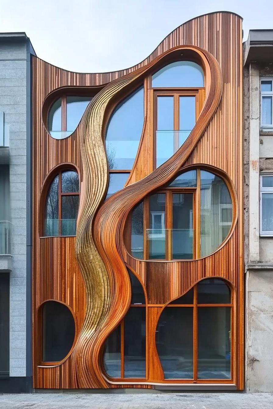 Curvy wood facade with flowing design