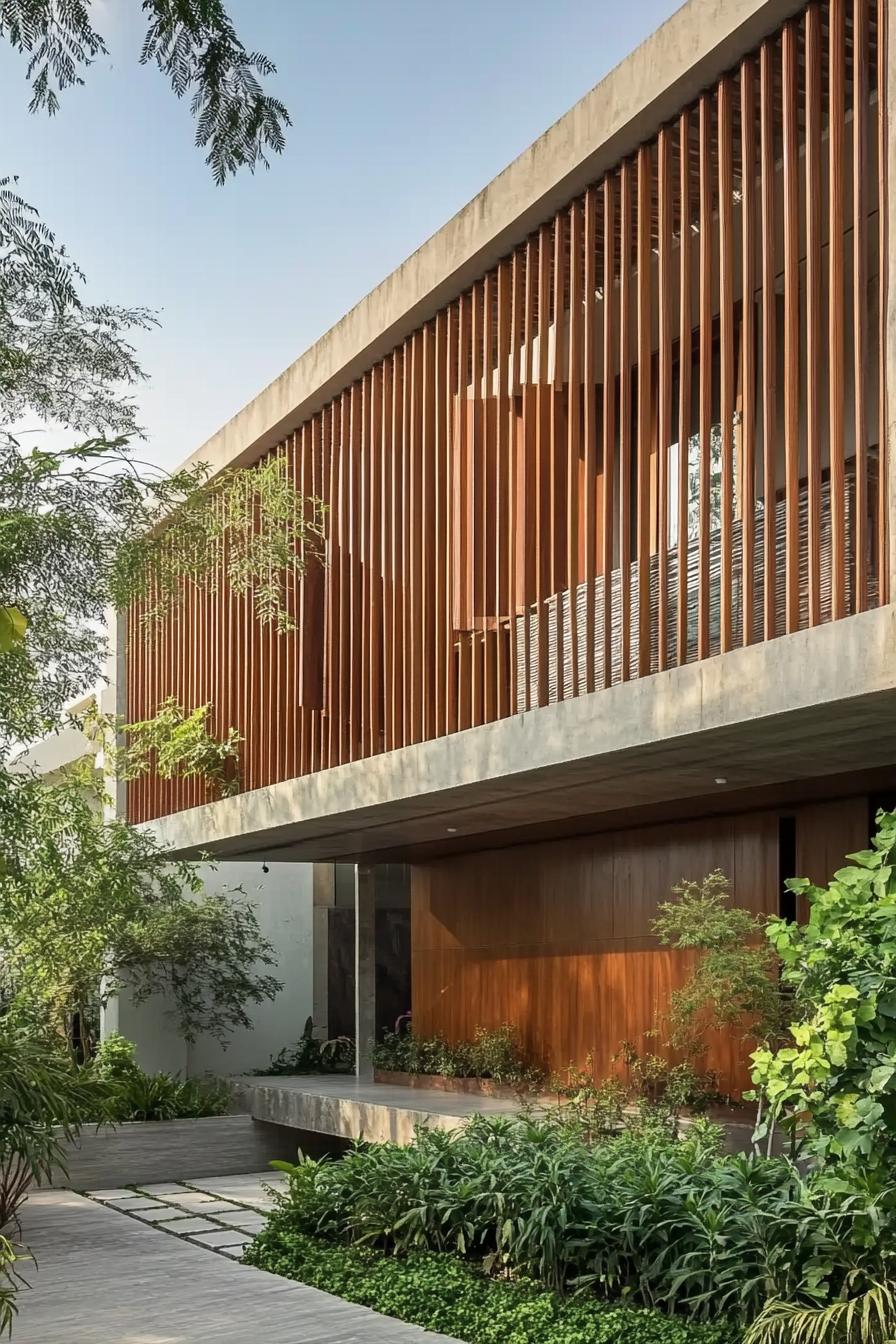 modern house geometric facade with slatted wood wall 3