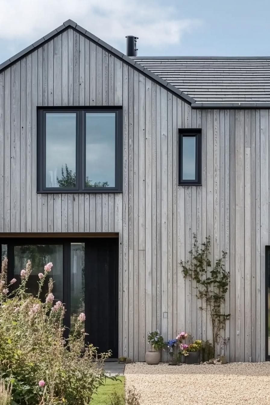 modern house in the British countryside with grey shou sugi ban timber cladding black windows and doors