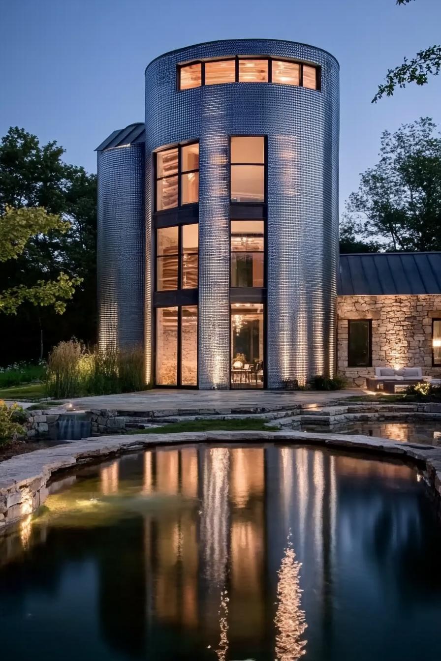 modern house made of metal grain silo on stone foundation with a pond in front the house has modern windows and doors the face is illuminated with 1