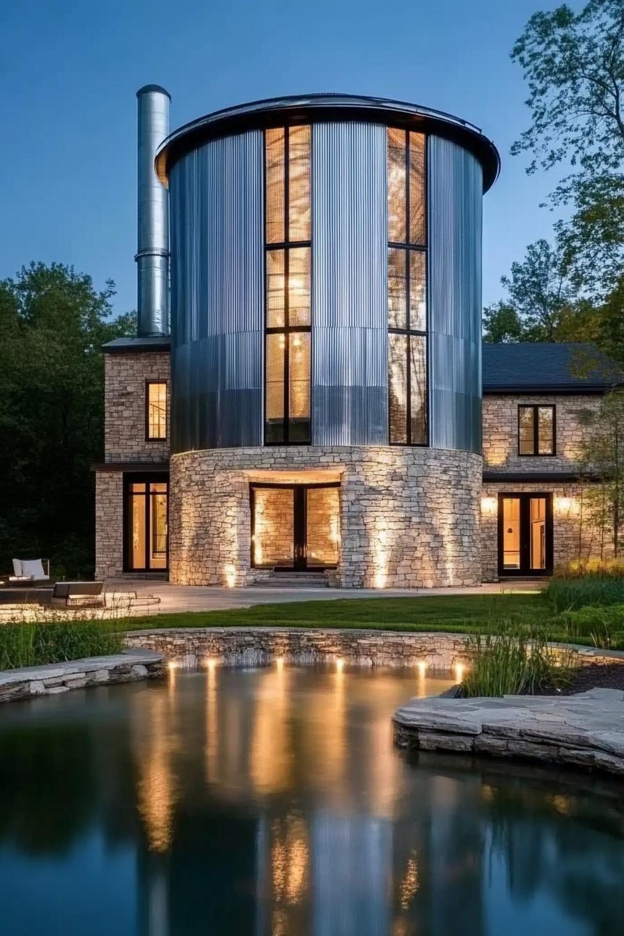 modern house made of metal grain silo on stone foundation with a pond in front the house has modern windows and doors the face is illuminated with 2