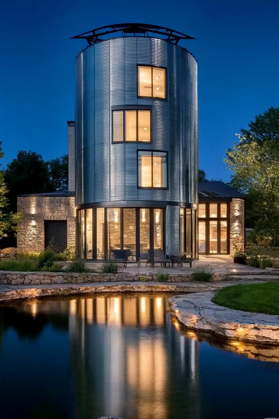 modern house made of metal grain silo on stone foundation with a pond in front the house has modern windows and doors the face is illuminated with 3