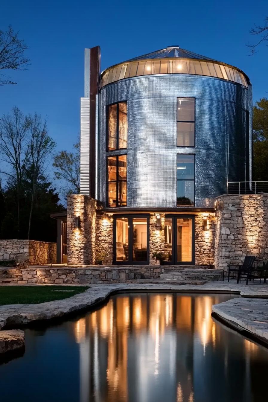 modern house made of metal grain silo on stone foundation with a pond in front the house has modern windows and doors the face is illuminated with