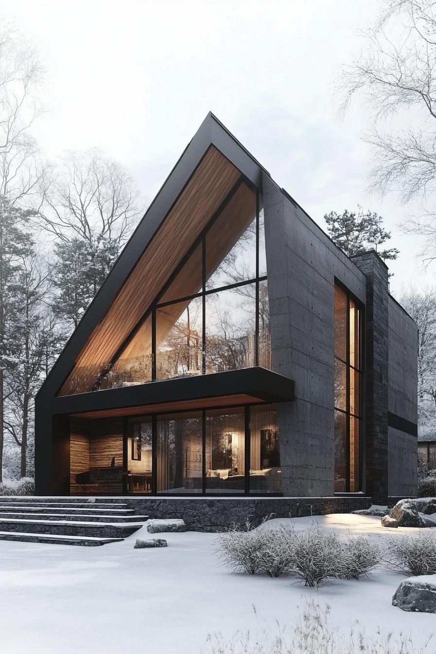 Modern A-frame house with expansive windows in a snowy landscape