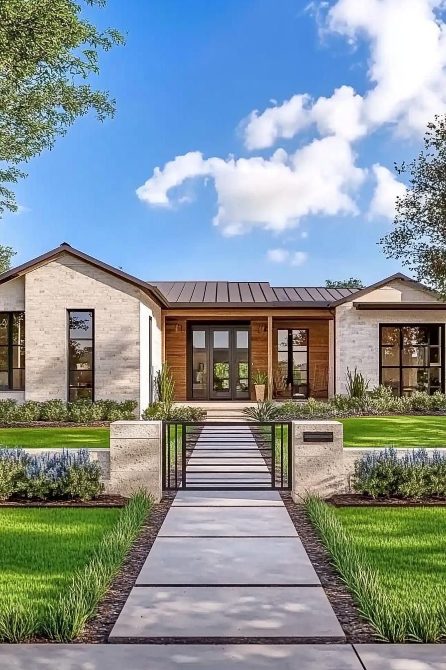 Modern one-story house with manicured lawn and pathway