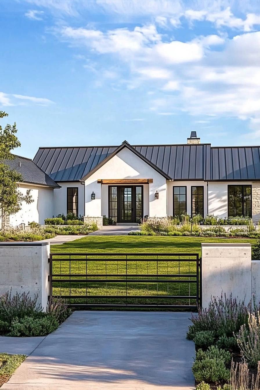 Modern one-story house with black metal roof and lush lawn