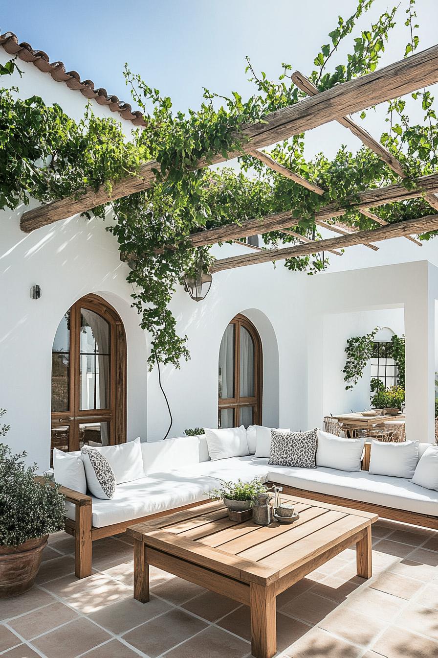 modern spanish house courtyard white walls modern arched doors tiled floor large wooden outdoor coffee table with outdoor sofas pergola above 1