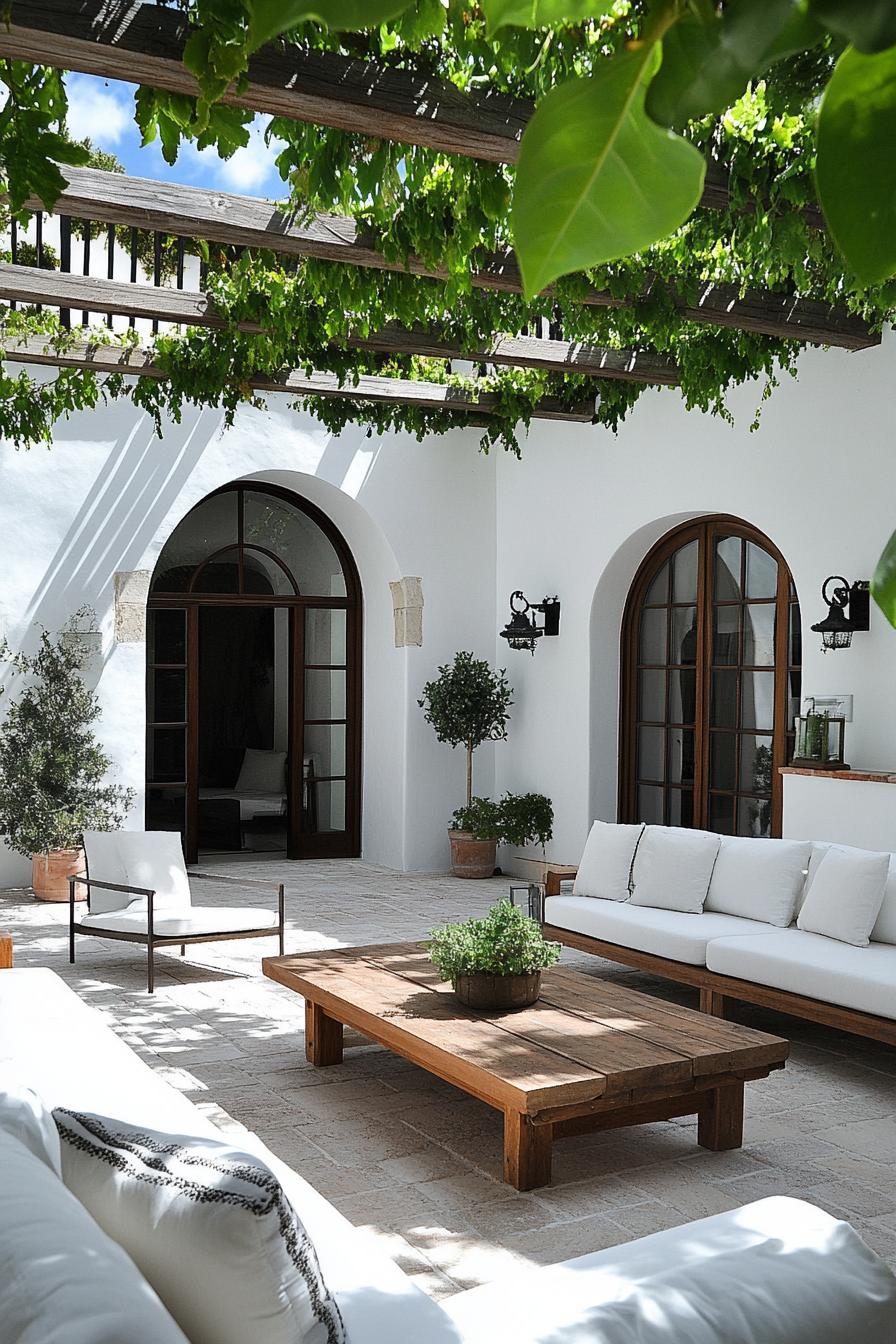 modern spanish house courtyard white walls modern arched doors tiled floor large wooden outdoor coffee table with outdoor sofas pergola above 2