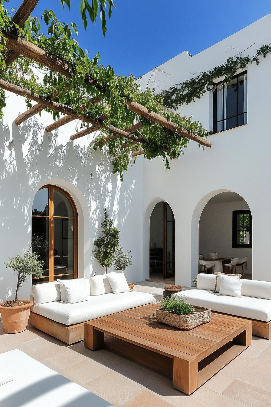 modern spanish house courtyard white walls modern arched doors tiled floor large wooden outdoor coffee table with outdoor sofas pergola above