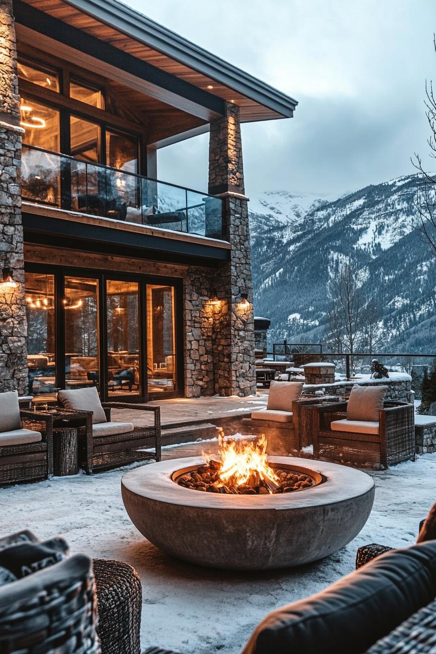 modern stone chalet in the mountains in winter large patio with firepit overlooking majesting mountains in snow 1