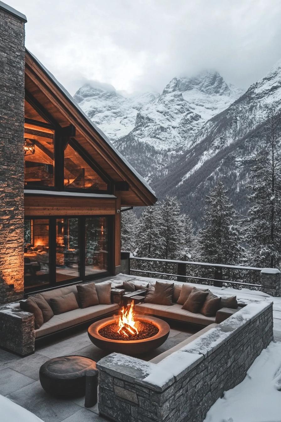 modern stone chalet in the mountains in winter large patio with firepit overlooking majesting mountains in snow