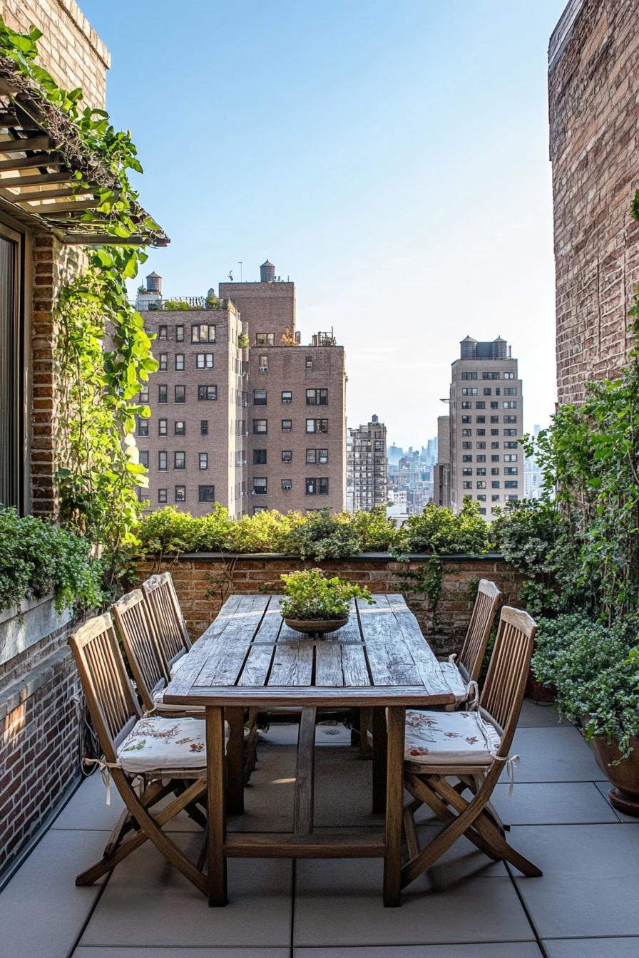 rooftop terrace with farmhouse dining table and chairs 1