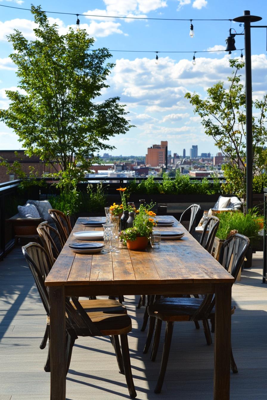 rooftop terrace with farmhouse dining table and chairs 2