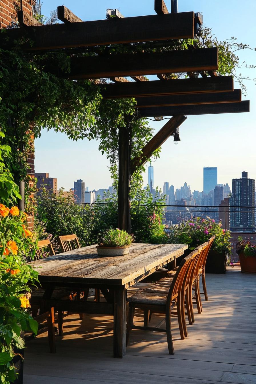 rooftop terrace with farmhouse dining table and chairs