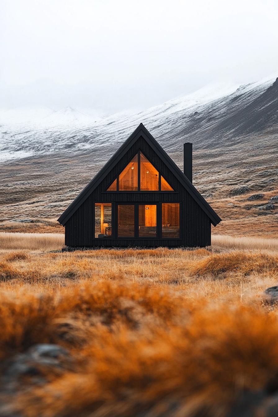 A black cabin nestled in an autumn field with snowy hills in the background