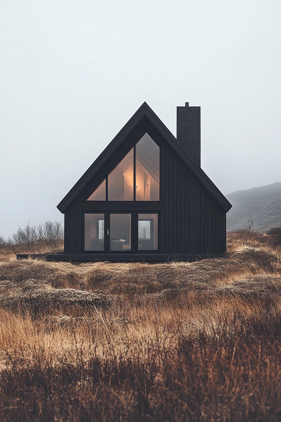 A-frame cabin with large windows in a foggy field