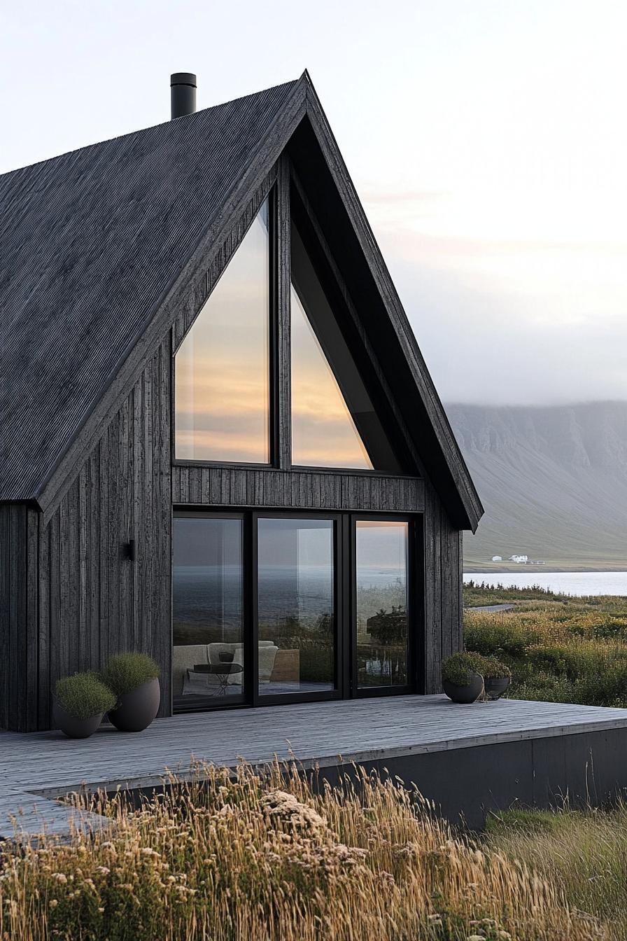 A-frame cabin with large glass windows overlooking a serene landscape