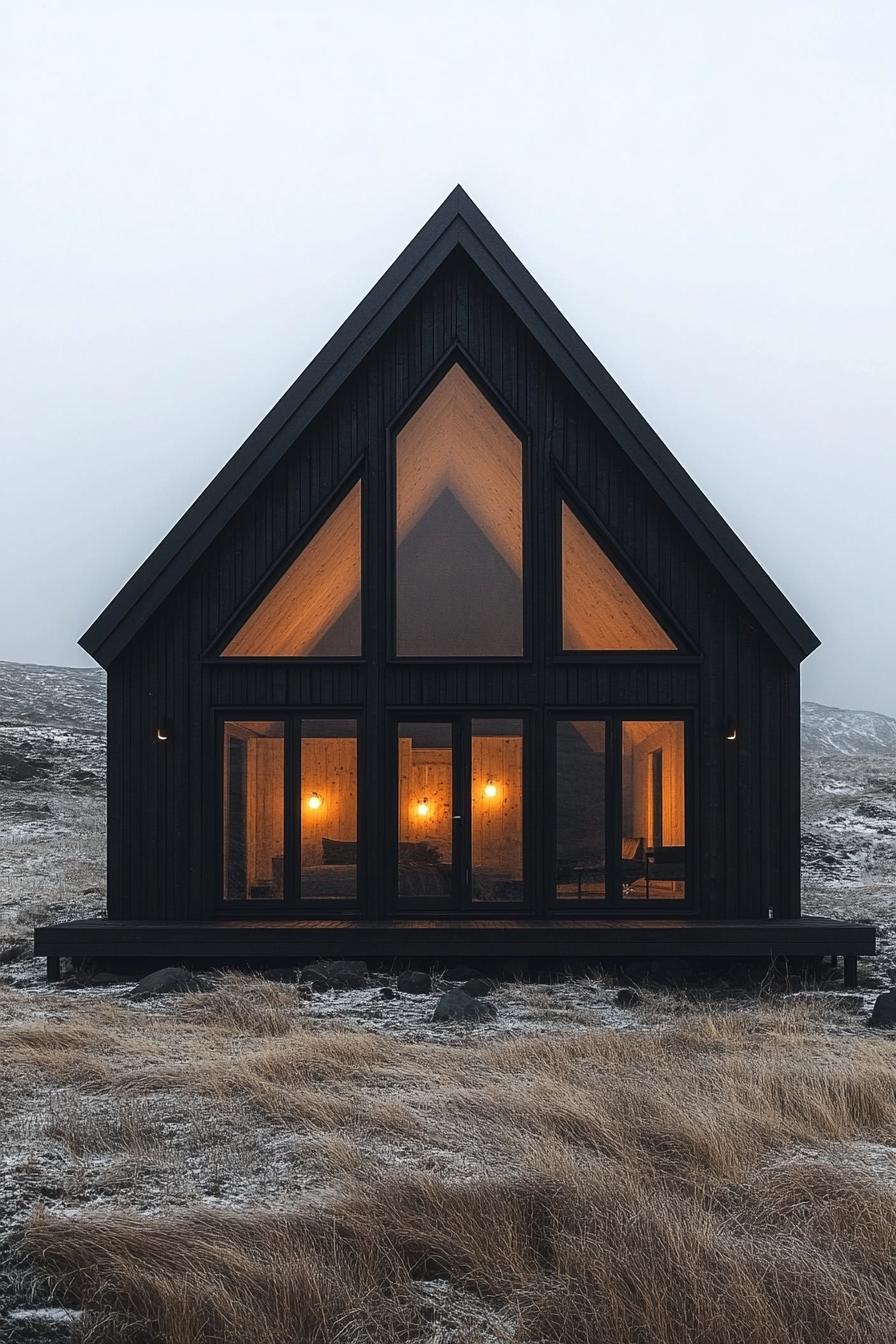 Cozy cabin with warm lighting in a snowy field