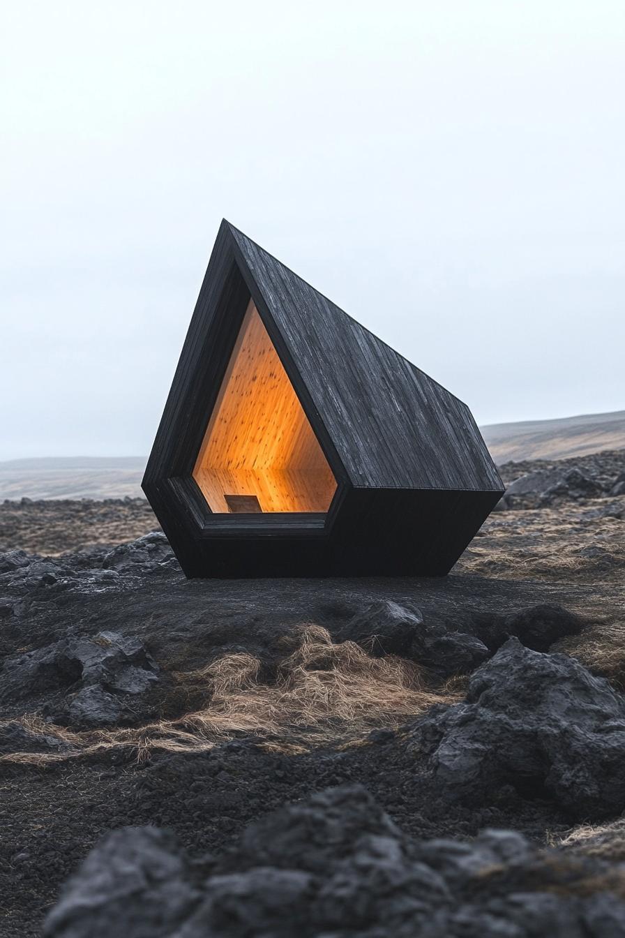 Tiny triangular cabin glowing in a rocky landscape