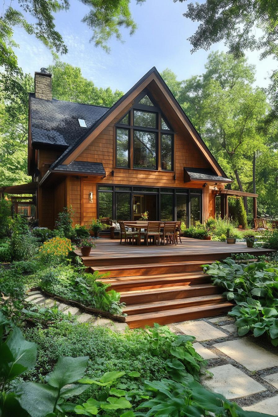 village cottage house with wooden siding gabled roof modern windows large wooden deck and a garden terrace below lush greenery wooden steps 1