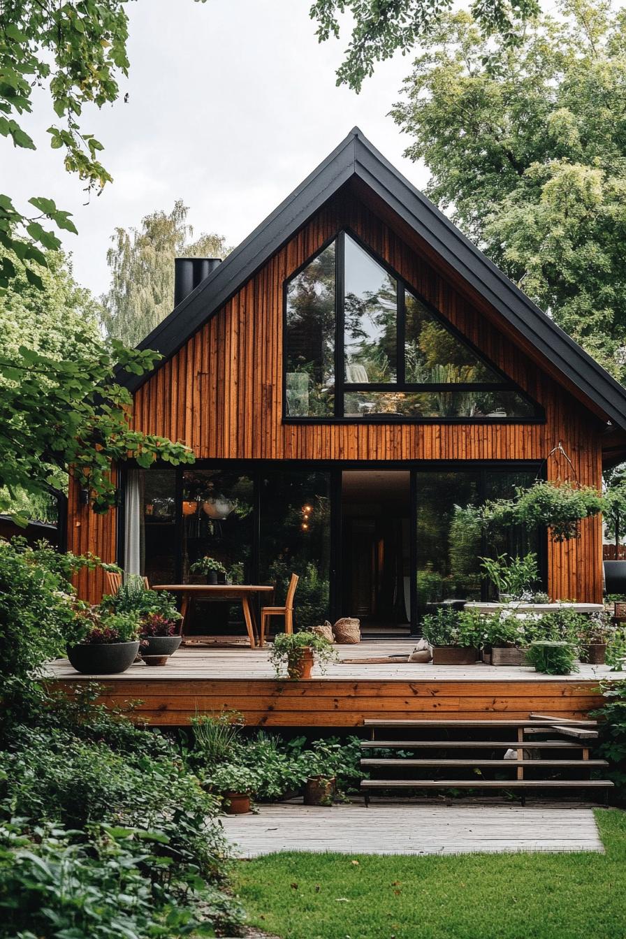 village cottage house with wooden siding gabled roof modern windows large wooden deck and a garden terrace below lush greenery wooden steps